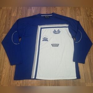 Mecca Jeans Men’s XXL Blue & White Racing Patch Long Sleeve Streetwear Tee B13